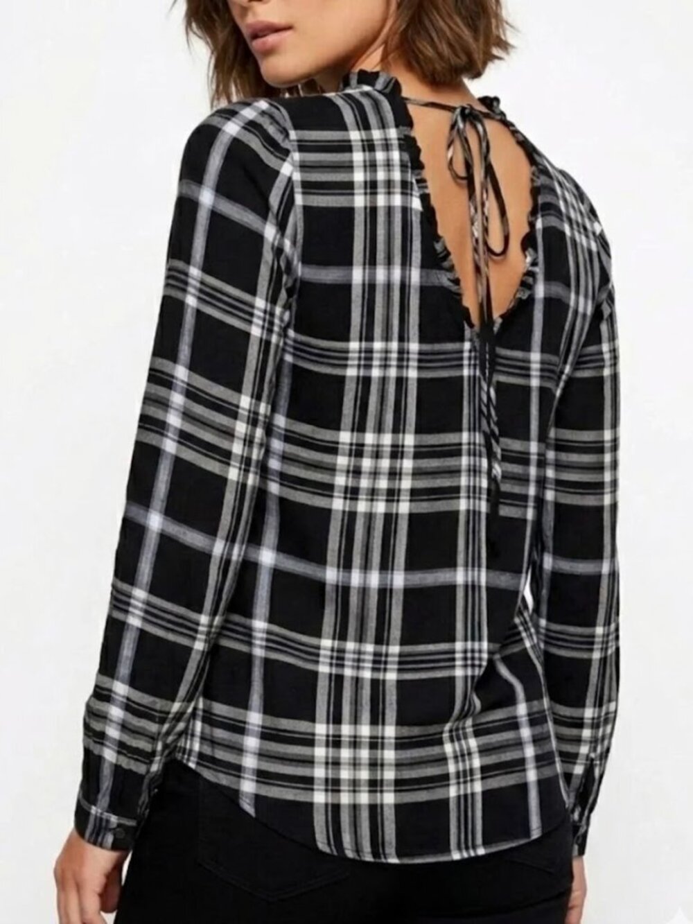 LOFT Dark Academia Plaid Ruffle Neck Tie Back Blouse XS